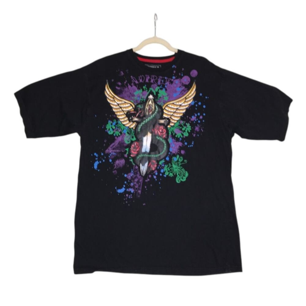 AVIREX Graphic Studded Patchwork Tee Men L Black Stylish Festival Ed-Hardy Style
